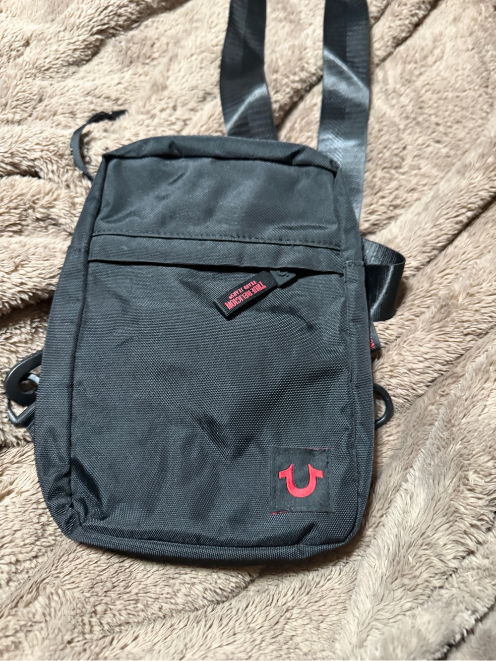True Religion Black Sling Bag with Red Logo